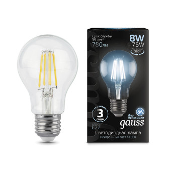 102802208 Лампа Gauss LED Filament A60 E27 8W 780lm 4100К 1/10/40