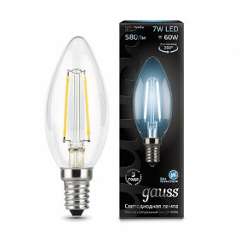 103801207 Лампа Gauss LED Filament Candle E14 7W 4100К 1/10/50, шт