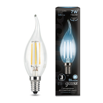 104801207 Лампа Gauss LED Filament Candle tailed E14 7W 580Lm 4100К 1/10/50, шт