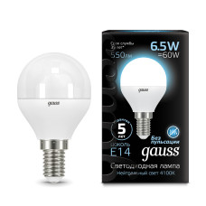 105101207 Лампа Gauss LED Globe E14 6.5W 100-240V 4100K 1/10/50