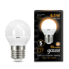 105102107 Лампа Gauss LED Globe E27 6.5W 100-240V 2700K 1/10/50