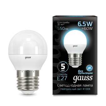 105102207 Лампа Gauss LED Globe E27 6,5W 100-240V 4100K 1/10/50