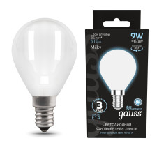 105201209 Лампа Gauss Filament Шар 9W 610lm 4100К Е14 milky LED 1/10/50