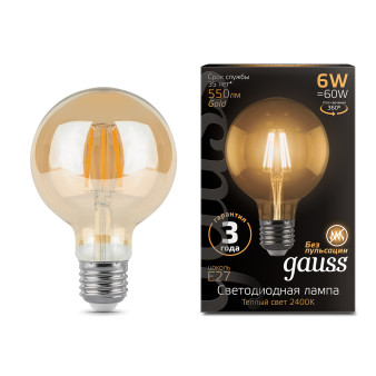 105802006 Лампа Gauss LED Filament G95 E27 6W Golden 2400K 1/20